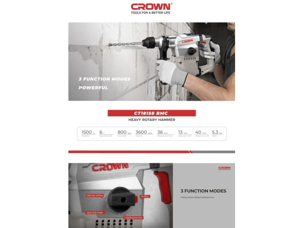 (CT18158-BMC) كيت شاكوش 36 مم كباية 1500 واط شنطة بلاستيك CROWN